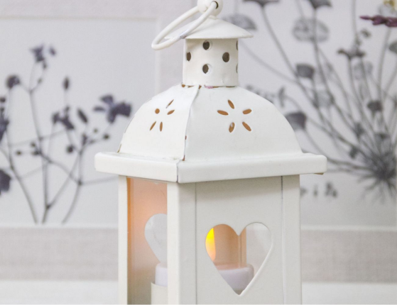 Подсвечник-фонарик под чайную свечу ПАУЛИ - ТЁПЛОЕ СЕРДЕЧКО, металлический, белый, 14х7 см