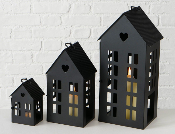 Подсвечники-домики АЛАМО металлические, чёрные, комплект - 3 подсвечника, 13-35 см