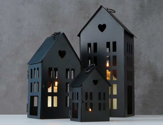 Подсвечники-домики АЛАМО металлические, чёрные, комплект - 3 подсвечника, 13-35 см