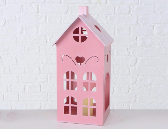 Подсвечники-домики КЮФШТАЙН металлические, розовые, комплект - 3 домика, 15-40 см