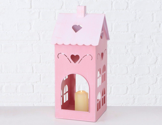 Подсвечники-домики КЮФШТАЙН металлические, розовые, комплект - 3 домика, 15-40 см