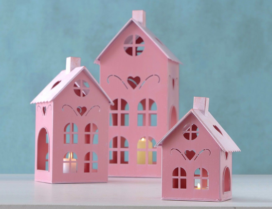 Подсвечники-домики КЮФШТАЙН металлические, розовые, комплект - 3 домика, 15-40 см