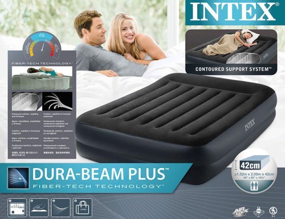 Надувная кровать Intex Pillow Rest Raised Bed (Queen), 152х203х42 см, с подголовником и встроенным насосом 220V