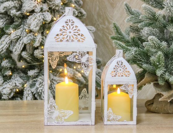 Винтажные подсвечники-фонари ПЬЕРРЕ, металл, белый антик, набор 2 шт.