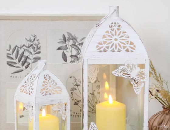 Винтажные подсвечники-фонари ПЬЕРРЕ, металл, белый антик, набор 2 шт.