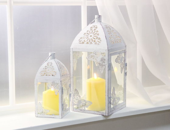 Винтажные подсвечники-фонари ПЬЕРРЕ, металл, белый антик, набор 2 шт.