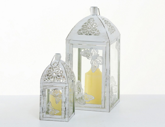 Винтажные подсвечники-фонари ПЬЕРРЕ, металл, белый антик, набор 2 шт.