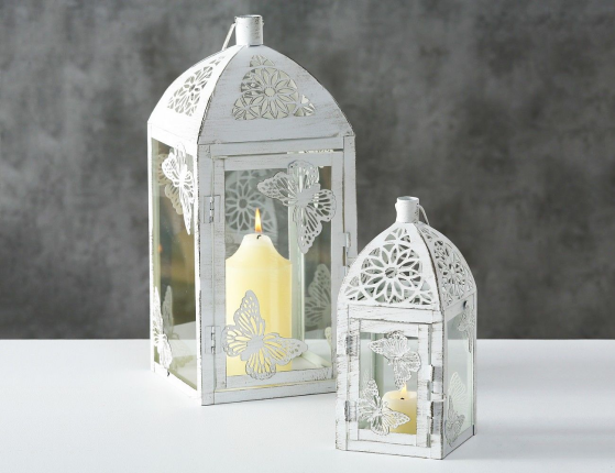 Винтажные подсвечники-фонари ПЬЕРРЕ, металл, белый антик, набор 2 шт.