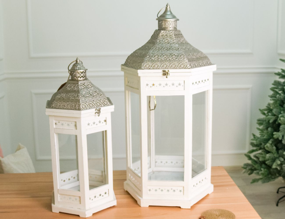 Большие винтажные фонари-подсвечники ТАЛЛИ, дерево (пихта), белые, 60 и 80 см, набор - 2 шт.