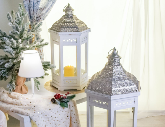 Большие винтажные фонари-подсвечники ТАЛЛИ, дерево (пихта), белые, 60 и 80 см, набор - 2 шт.