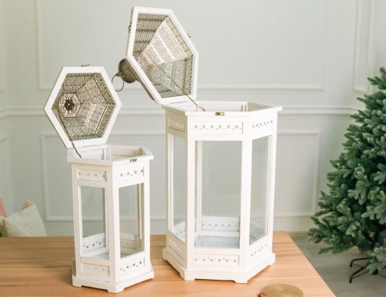 Большие винтажные фонари-подсвечники ТАЛЛИ, дерево (пихта), белые, 60 и 80 см, набор - 2 шт.