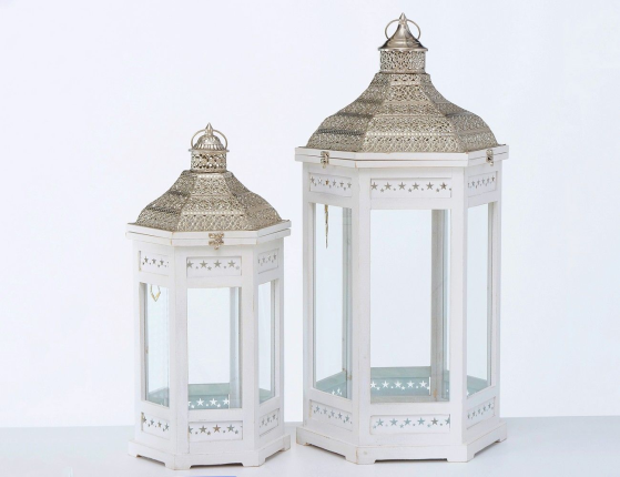 Большие винтажные фонари-подсвечники ТАЛЛИ, дерево (пихта), белые, 60 и 80 см, набор - 2 шт.