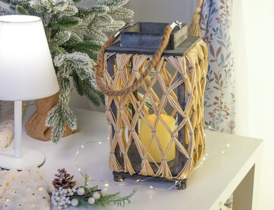 Подсвечник фонарь ручной работы СТИЛЬНАЯ ПЛЕТЕНКА, дерево, джут, 31 см