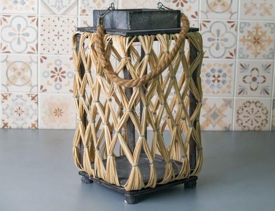 Подсвечник фонарь ручной работы СТИЛЬНАЯ ПЛЕТЕНКА, дерево, джут, 31 см