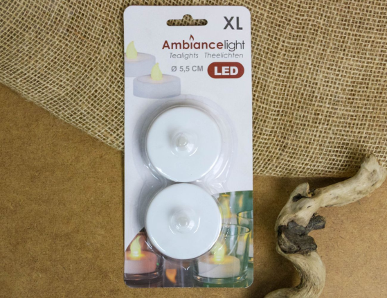 Свечи чайные КЛАССИЧЕСКИЕ БОЛЬШИЕ (XL), мерцающие, с тёплыми белыми LED-огнями, белые, набор 2 шт., 2.2х5.5 см, батарейки