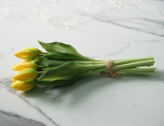 Искусственный букет ТЮЛЬПАНЫ "ВЕСЕННЕЕ СОЛНЦЕ", силикон, жёлтые, 29 см (букет – 9 шт.)