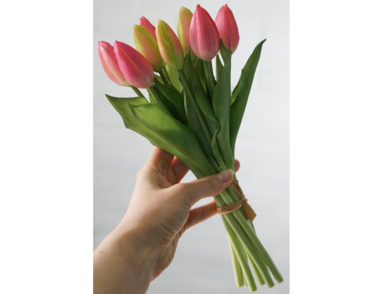 Искусственный букет ТЮЛЬПАНЫ "ВЕСЕННЕЕ СОЛНЦЕ", силикон, розовые, 29 см (букет – 9 шт.)
