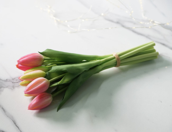 Искусственный букет ТЮЛЬПАНЫ "ВЕСЕННЕЕ СОЛНЦЕ", силикон, розовые, 29 см (букет – 9 шт.)