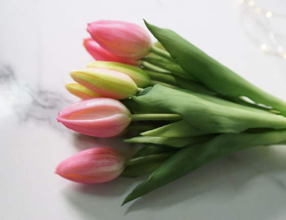 Искусственный букет ТЮЛЬПАНЫ "ВЕСЕННЕЕ СОЛНЦЕ", силикон, розовые, 29 см (букет – 9 шт.)