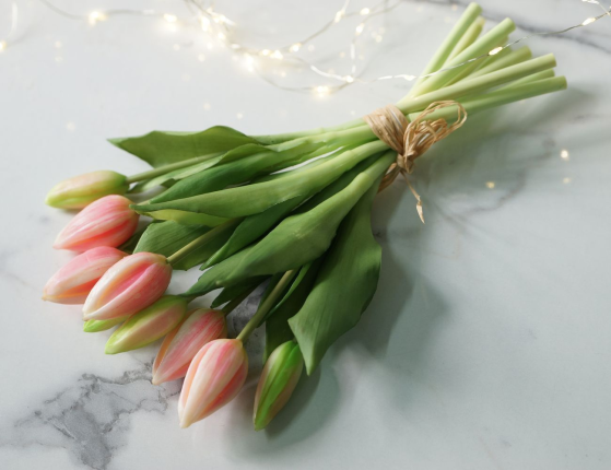 Искусственный букет ТЮЛЬПАНЫ "ВЕСЕННЕЕ СОЛНЦЕ", силикон, нежно-розовые, 29 см (букет – 9 шт.)