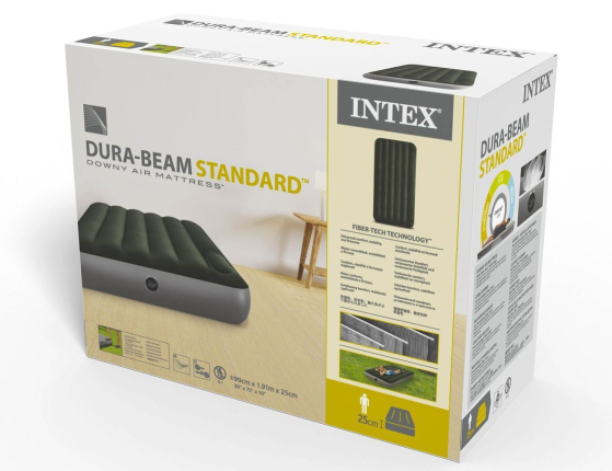 Односпальный надувной матрас Intex Downy Bed (Twin), 99х191x25 см со встроенным ножным насосом