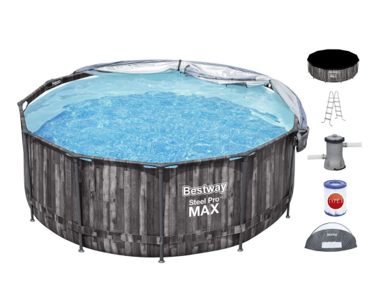 Бассейн каркасный Bestway Steel Pro Мах Greywood с навесом, 366 х 122 см + фильтр-насос + аксессуары