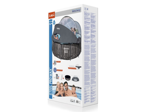 Бассейн каркасный Bestway Steel Pro Мах Greywood с навесом, 366 х 122 см + фильтр-насос + аксессуары