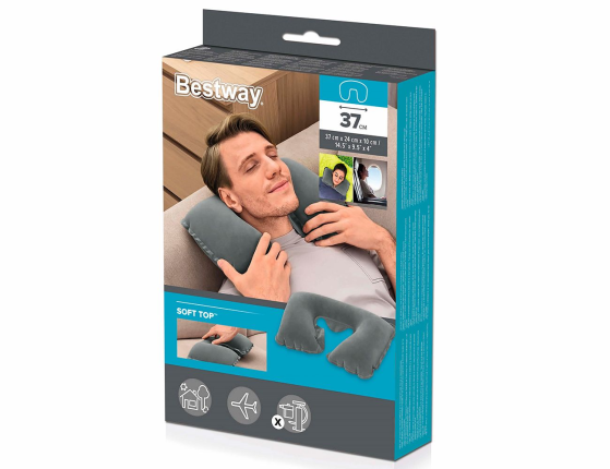 Дорожная надувная подушка для шеи серая, 37х24х10 см, BestWay