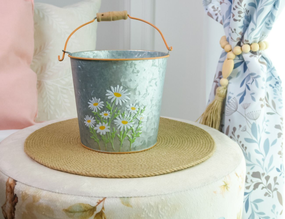 Металлическое кашпо ВЕДЕРКО С РОМАШКАМИ большое, металл, 15 см