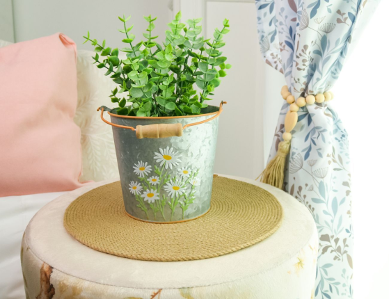 Металлическое кашпо ВЕДЕРКО С РОМАШКАМИ большое, металл, 15 см