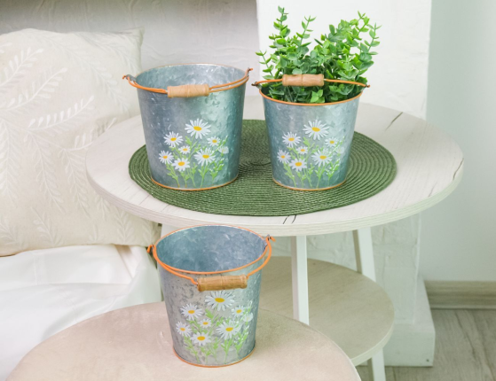 Металлическое кашпо ВЕДЕРКО С РОМАШКАМИ большое, металл, 15 см