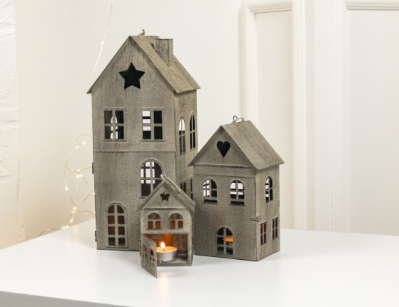 Набор новогодних подсвечников-домиков В ГОСТЯХ У СКАЗКИ, металл, 12-34 см, 3 шт.