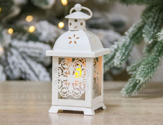 Подсвечник-фонарик под чайную свечу ПАУЛИ - КРУЖЕВНОЙ ЦВЕТОК, металлический, белый, 14х7 см