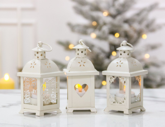 Подсвечник-фонарик под чайную свечу ПАУЛИ - КРУЖЕВНОЙ ЦВЕТОК, металлический, белый, 14х7 см