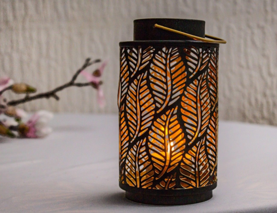 Подсвечник фонарик КРУЖЕВО ЛИСТВЫ, металл, черный, 16 см