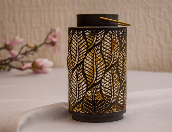 Подсвечник фонарик КРУЖЕВО ЛИСТВЫ, металл, черный, 16 см