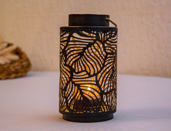 Подсвечник фонарик СПЛЕТЕНЬЕ ЛИСТЬЕВ, металл, черный, 16 см