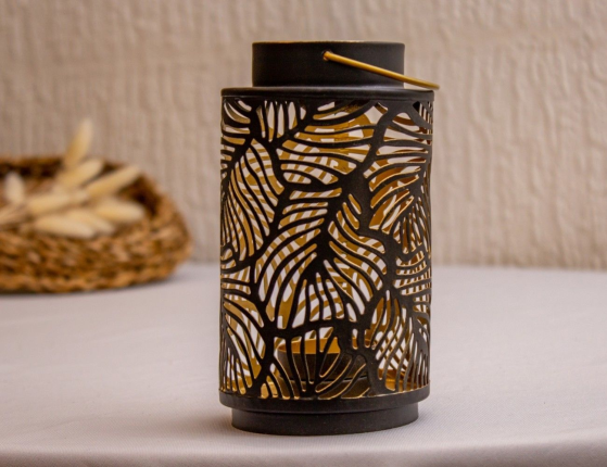 Подсвечник фонарик СПЛЕТЕНЬЕ ЛИСТЬЕВ, металл, черный, 16 см