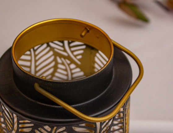 Подсвечник фонарик СПЛЕТЕНЬЕ ЛИСТЬЕВ, металл, черный, 16 см