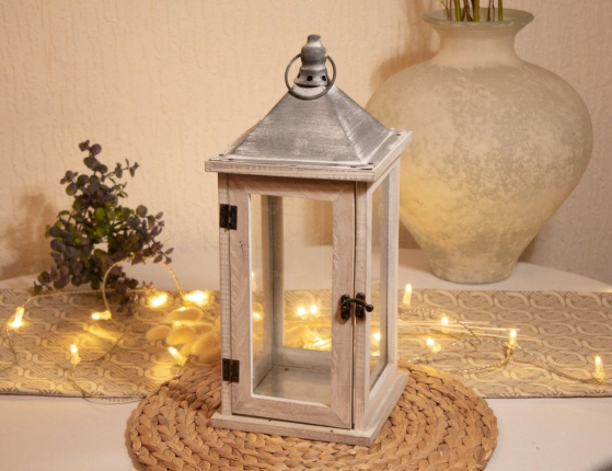 Подсвечник фонарь БИЛЗЕН, дерево, белый, 41 см