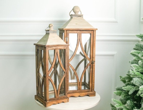 Набор подсвечников-фонарей ЯСЕНЕВЫЕ ДОМИКИ, дерево 35-50 см, 2 шт.