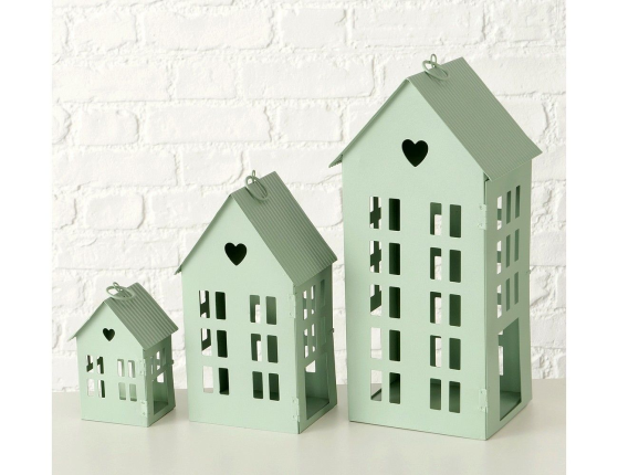 Набор подсвечников СЕРДЕЧНЫЕ ДОМИКИ, металл, зеленый, 13-35 см, 3 шт.