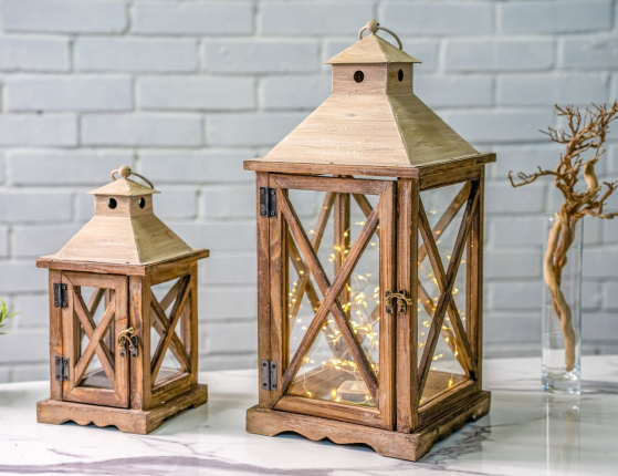 Набор декоративных подсвечников-фонарей КАСА КРЕМА, стекло, дерево, 32 см и 48 см, 2 шт.
