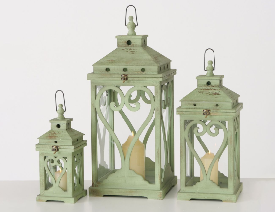 Набор деревянных подсвечников-фонарей ГРИН ХАРТ, дерево, стекло, 38-68 см, 3 шт.