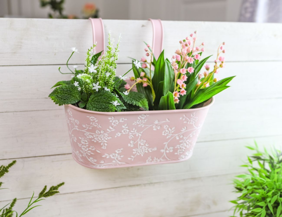 Подвесное кашпо для балкона ЛЕТНЯЯ АКВАРЕЛЬ розовое, металлическое, 28х14 см