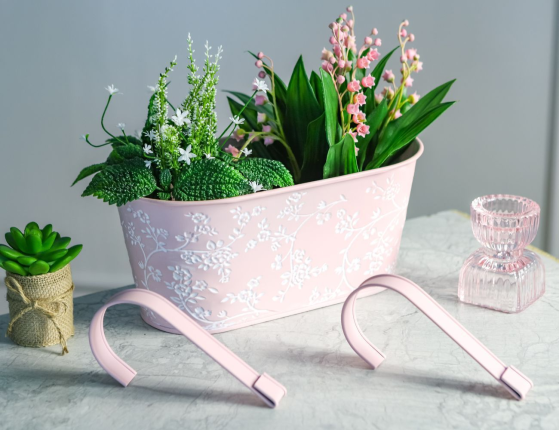 Подвесное кашпо для балкона ЛЕТНЯЯ АКВАРЕЛЬ розовое, металлическое, 28х14 см