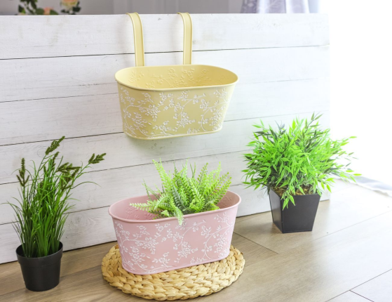 Подвесное кашпо для балкона ЛЕТНЯЯ АКВАРЕЛЬ розовое, металлическое, 28х14 см