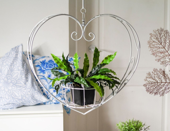 Подвесное кашпо-корзина КОВАНОЕ СЕРДЦЕ, металл, белое, 55х55 см