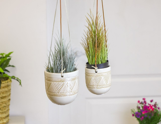 Набор декоративных кашпо ЗАНЗИБАР САНД, керамика, натуральная кожа, 10-14 см, 2 шт.