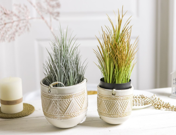 Набор декоративных кашпо ЗАНЗИБАР САНД, керамика, натуральная кожа, 10-14 см, 2 шт.